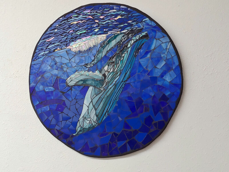Whale Love, whale mother and calf, mosaic, 